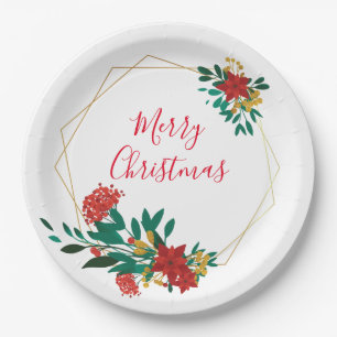 Modern Red Green & Gold Christmas Floral Paper Plate