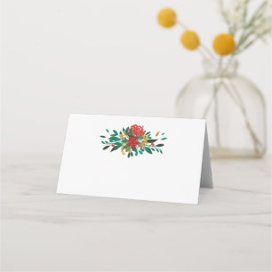Modern Red Green & Gold Christmas Floral Place Card