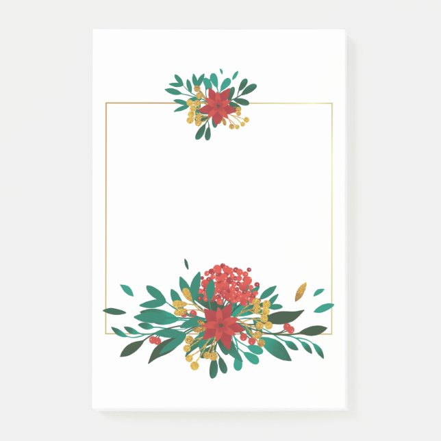Modern Red Green & Gold Christmas Floral Post-it Notes (Front)