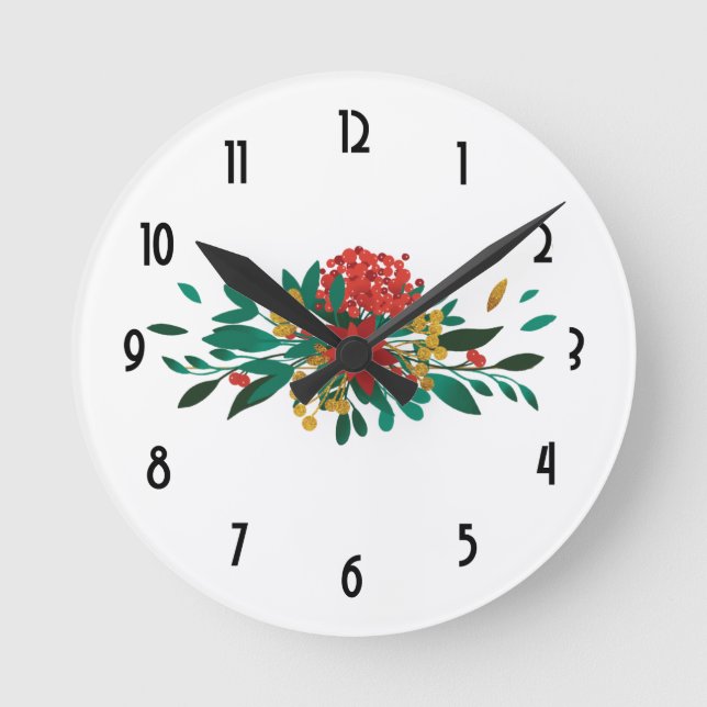 Modern Red Green & Gold Christmas Floral Round Clock (Front)
