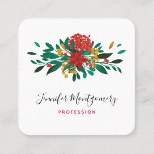 Modern Red Green & Gold Christmas Floral Square Business Card