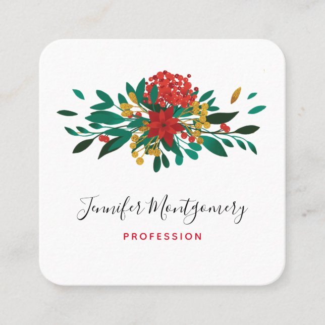 Modern Red Green & Gold Christmas Floral Square Business Card (Front)