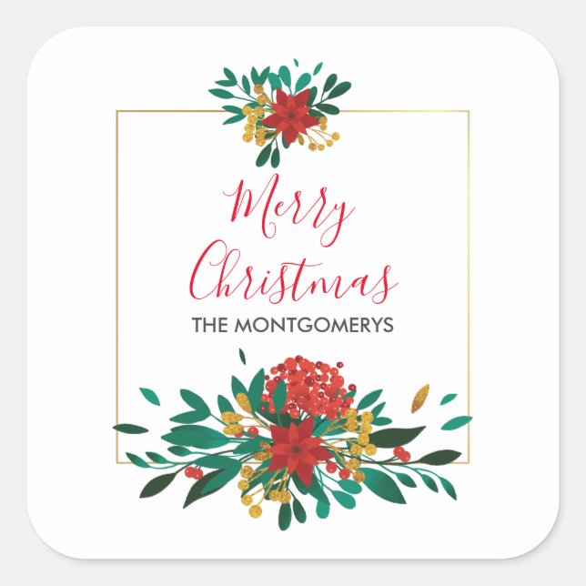 Modern Red Green & Gold Christmas Floral Square Sticker (Front)