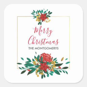 Modern Red Green & Gold Christmas Floral Square Sticker