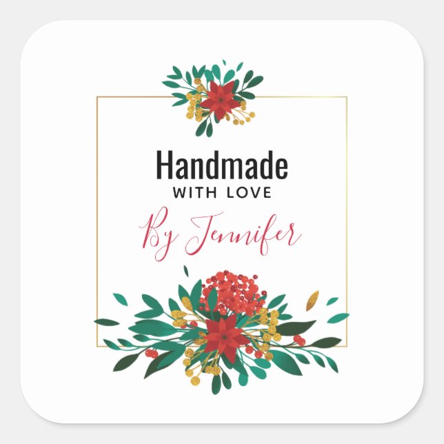 Modern Red Green & Gold Christmas Floral Square Sticker (Front)