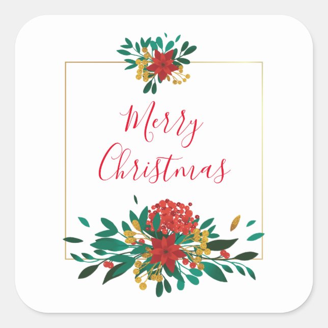 Modern Red Green & Gold Christmas Floral Square Sticker (Front)
