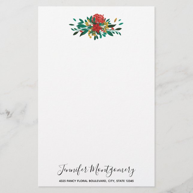 Modern Red Green & Gold Christmas Floral Stationery (Front)