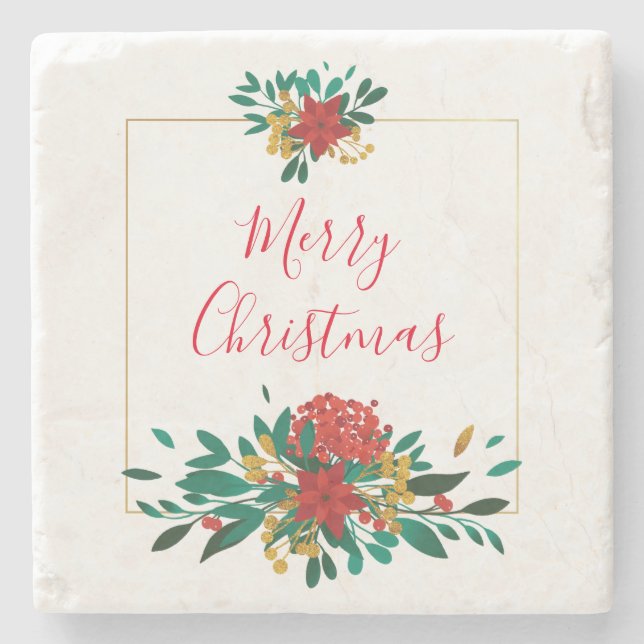 Modern Red Green & Gold Christmas Floral Stone Coaster (Front)