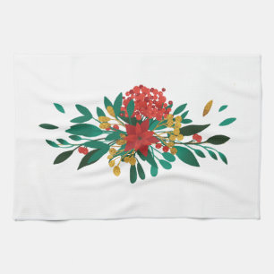 Modern Red Green & Gold Christmas Floral Tea Towel