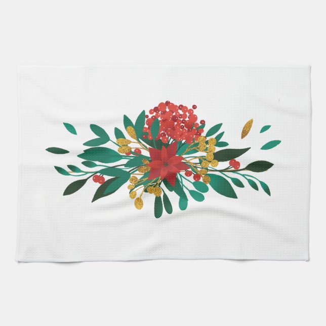 Modern Red Green & Gold Christmas Floral Tea Towel (Horizontal)