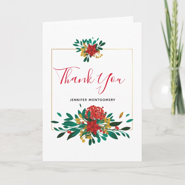 Modern Red Green & Gold Christmas Floral Thank You Card (Front)