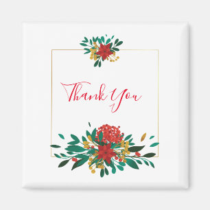 Modern Red Green & Gold Christmas Floral Thank You Magnet
