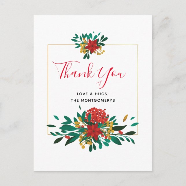 Modern Red Green & Gold Christmas Floral Thank You Postcard (Front)
