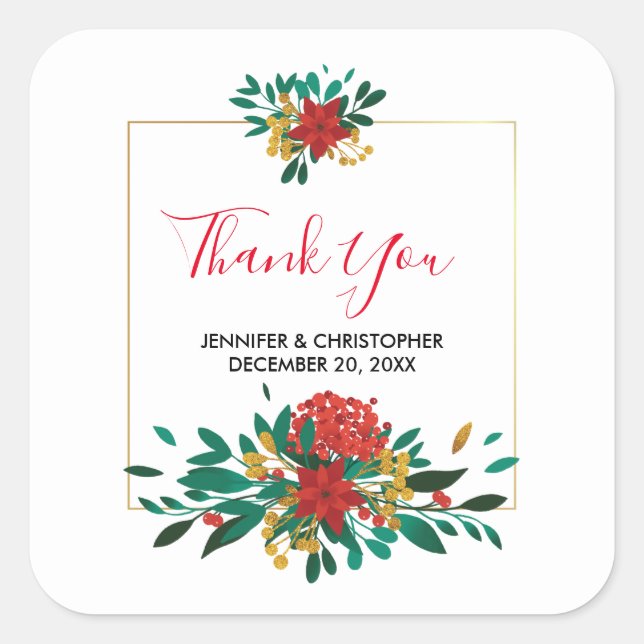Modern Red Green & Gold Christmas Floral Thank You Square Sticker (Front)