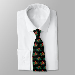 Modern Red Green & Gold Christmas Floral Tie