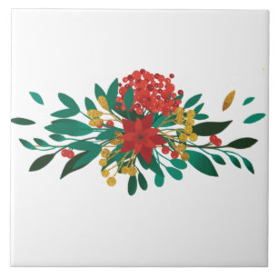 Modern Red Green & Gold Christmas Floral Tile
