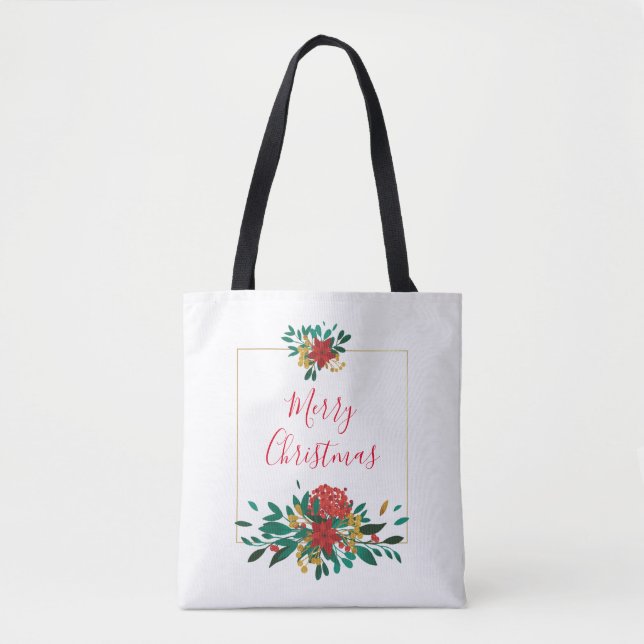 Modern Red Green & Gold Christmas Floral Tote Bag (Front)