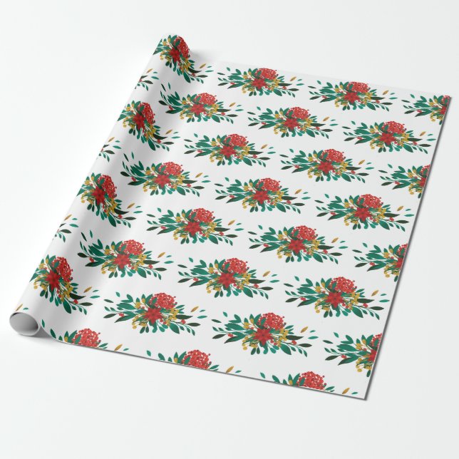 Modern Red Green & Gold Christmas Floral Wrapping Paper (Unrolled)