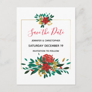 Modern Red Green & Gold Christmas Save the Date Invitation Postcard