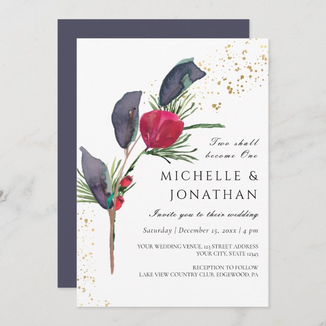 Modern Red Green Grey Winter Christian Wedding Invitation (Front/Back)