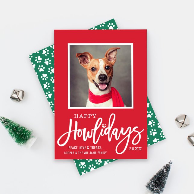 Modern Red Green Happy Howlidays Puppy Dog Photo Holiday Card (Creator Uploaded)