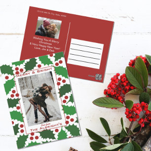 Modern Red & Green Jolly Holly 2 Photo Holiday Postcard