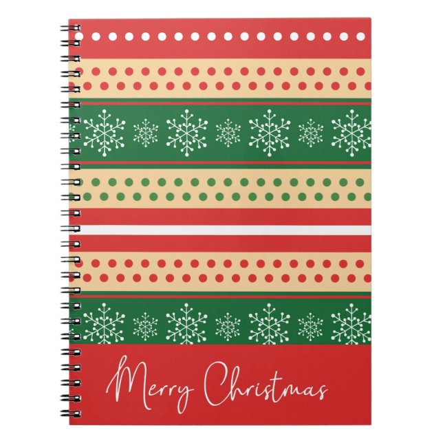 Modern Red Green Merry Christmas Snowflakes Dots Notebook (Front)