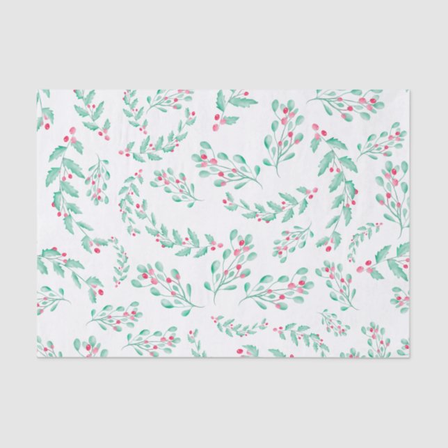 Modern red green mistletoe watercolor pattern tissue paper (Front)
