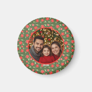 Modern Red & Green Personalised Floral Photo Magnet