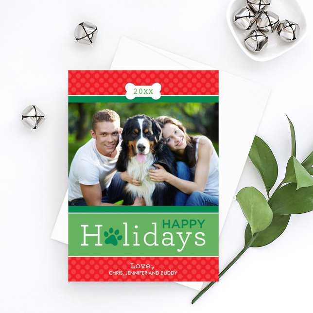 Modern Red Green Puppy Dog Theme Happy Holidays Holiday Card (Creator Uploaded)