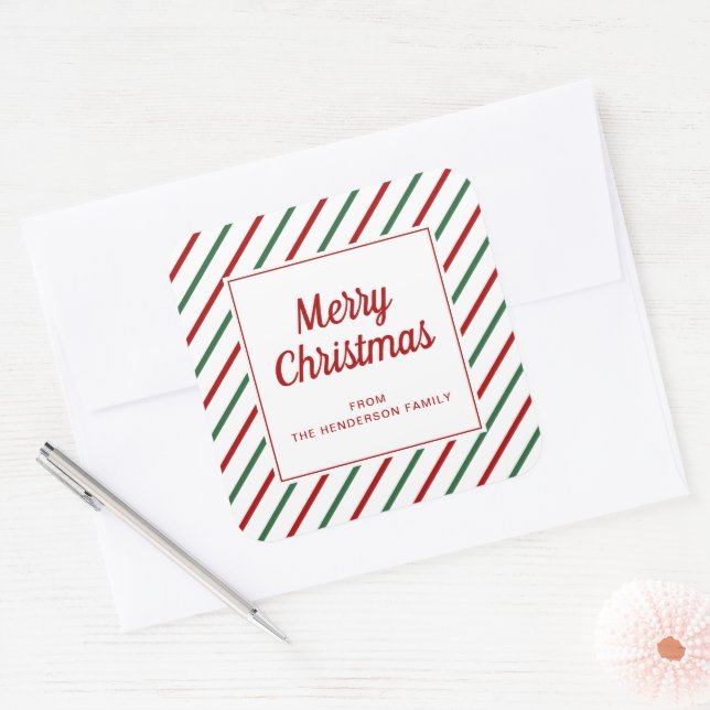 Modern Red Green Stripes Merry Christmas Square Sticker (Envelope)