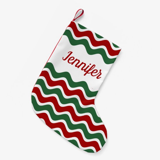 Modern Red Green Stripes Pattern Name Small Christmas Stocking (Front (Hanging))
