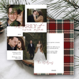Modern Red Green Tartan Merrily Ever After Wedding Holiday Card