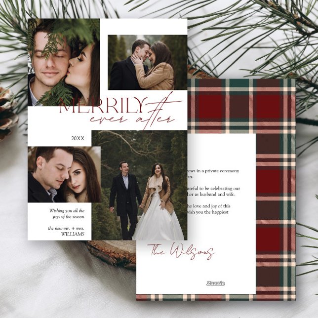 Modern Red Green Tartan Merrily Ever After Wedding Holiday Card (Creator Uploaded)