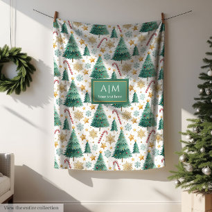 Modern red green watercolor Christmas trees fleece