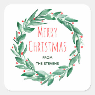 Modern red green watercolor Merry Christmas wreath Square Sticker