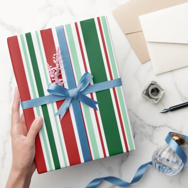 Modern Red, Green, White Christmas Stripes Wrapping Paper (Gifting)