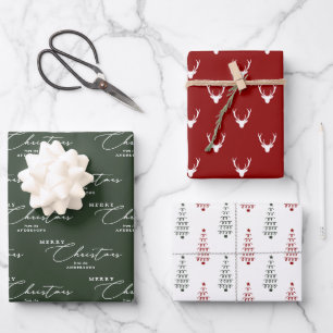 Modern Red Green & White Merry Christmas Script Wrapping Paper Sheet