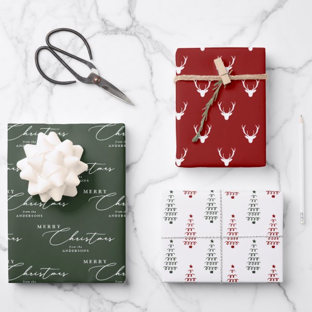 Modern Red Green & White Merry Christmas Script Wrapping Paper Sheet (Front)