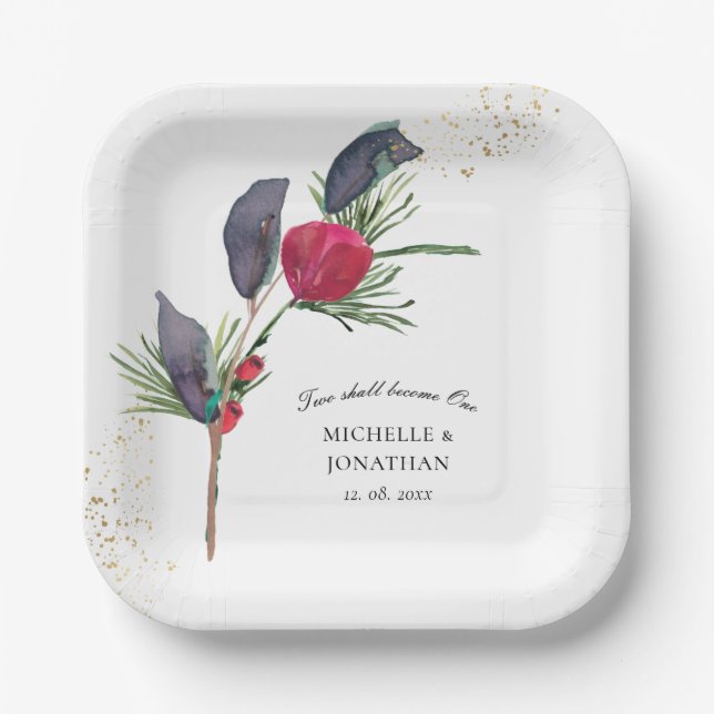 Modern Red Green Winter Floral Christian Wedding Paper Plate (Front)