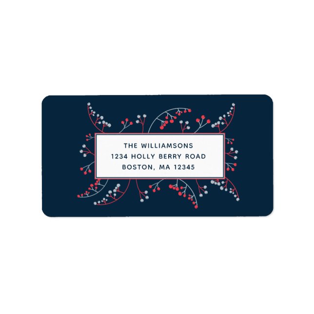 Modern red grey berries on navy blue illustration label (Front)