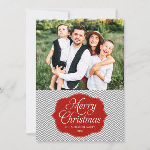 Modern Red Grey Chevron Christmas Photo Card