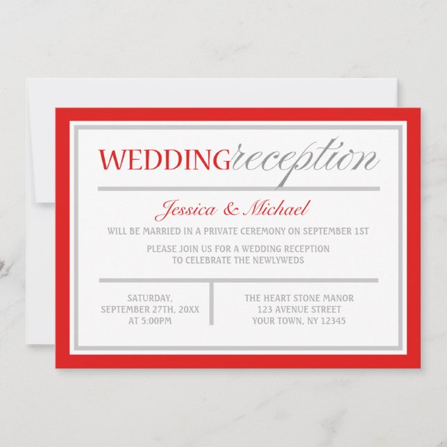 Modern Red & Grey Wedding Reception Invitations (Front)