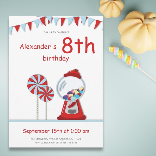 Modern Red Gumball Machine Candy Birthday Party Invitation (Creator Uploaded)