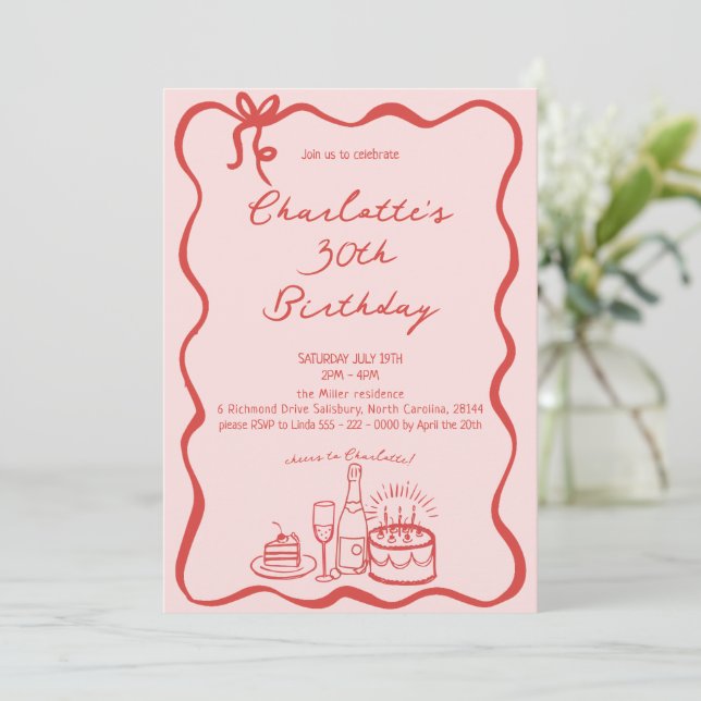MODERN RED Hand Drawn 30th Birthday Invitation (Standing Front)