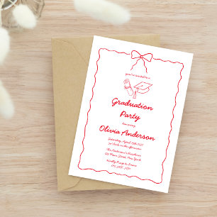 Modern Red Hand-Drawn Bow Frame Graduation Party Invitation
