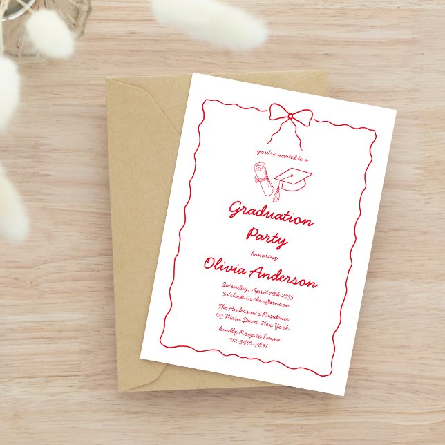 Modern Red Hand-Drawn Bow Frame Graduation Party Invitation (Creator Uploaded)