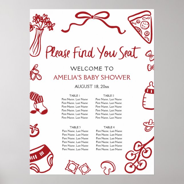 Modern Red Hand Drawn Italian Pizza Seating Chart (Front)