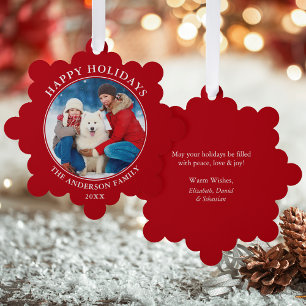 Modern Red Happy Holidays Photo Tree Decoration Card