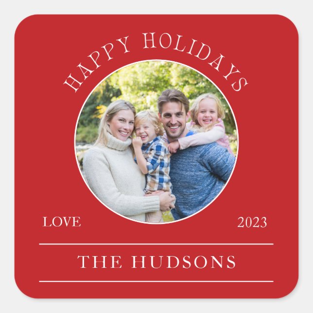Modern Red Happy Holidays Round Photo Square Sticker (Front)